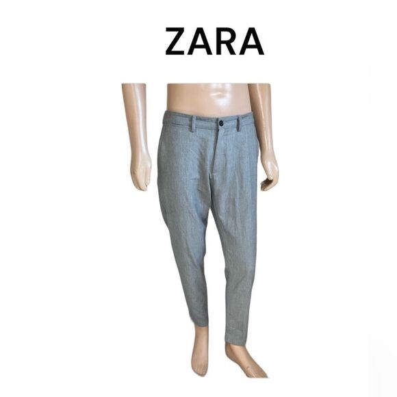 Zara Men's Basic Flat Front Slim Fit Straight Trousers Dress Pants Gray Size 34 - Picture 3 of 12